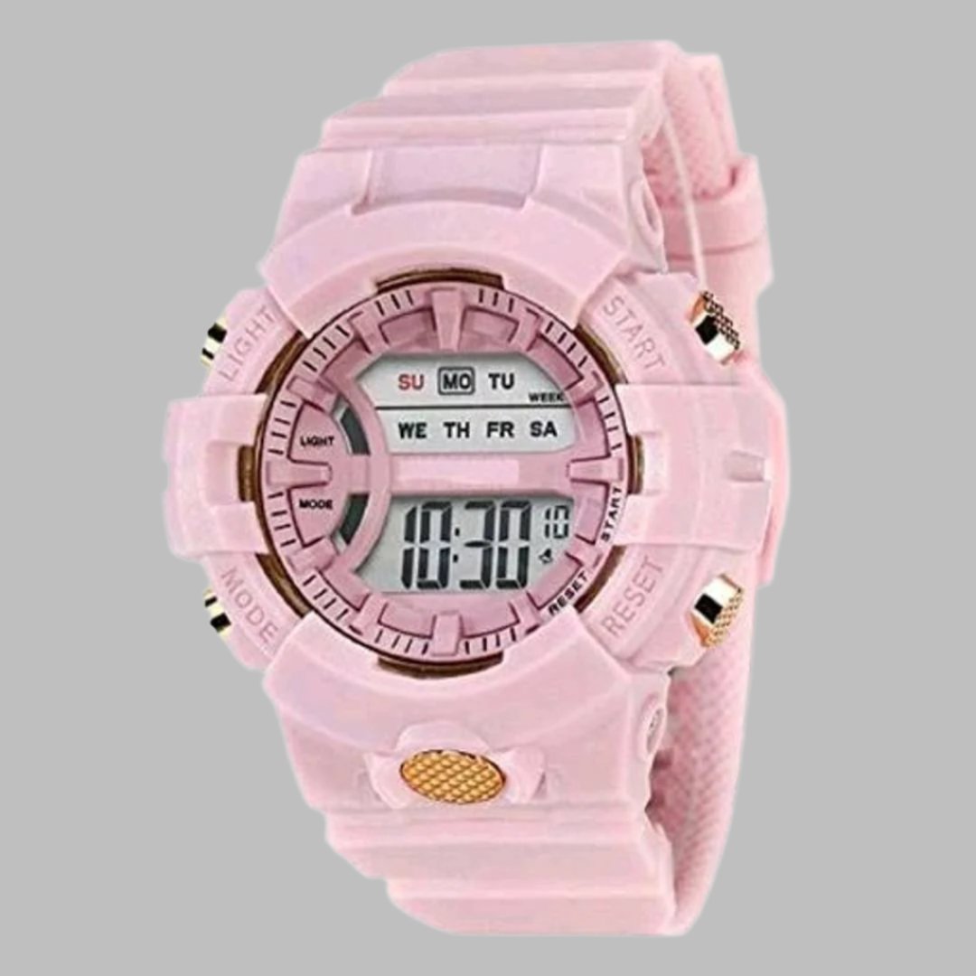 Attractive unisex stylish Digital Watch multifunction sockproof.
Size: free
Color: Pink
 Type: wrist watches
 Watch Movement Type: Quartz
Watch Display Type: Analog
Band Material: Stainless Steel
 Brand : Acnos
 Quality : Premium
 Water Resistance Depth: 30 meters; Buckle Clasp
Country of Origin:  India
Acnos Brand - A Digital Watch Shockproof Multi-Functional Automatic Light Juicy Blue Dial Strap Waterproof Digital Sports Watch for Men's Kids Watch for Boys - Watch for Men.